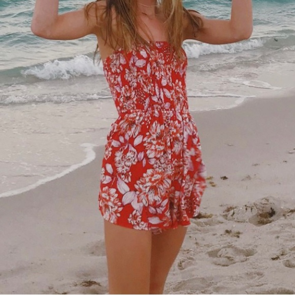 Revolve Red Floral Smocked Romper